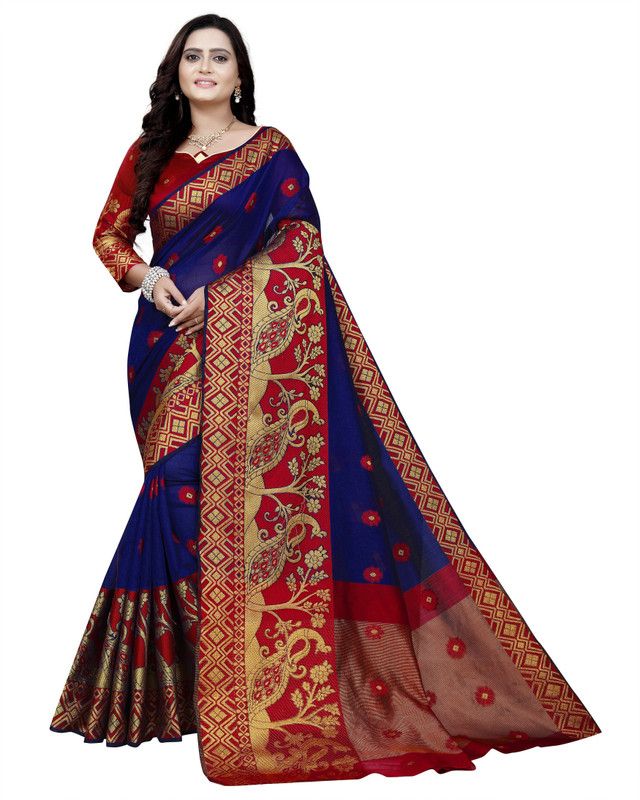Woven Banarasi Silk Blend, Jacquard Saree  (Red, Blue)