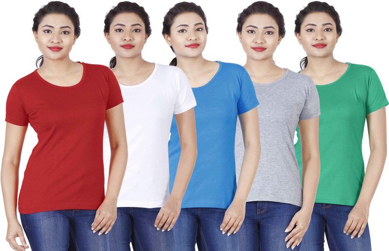 Pack of 5 Women Solid Round Neck Pure Cotton Red, White, Green, Blue, Grey T-Shirt