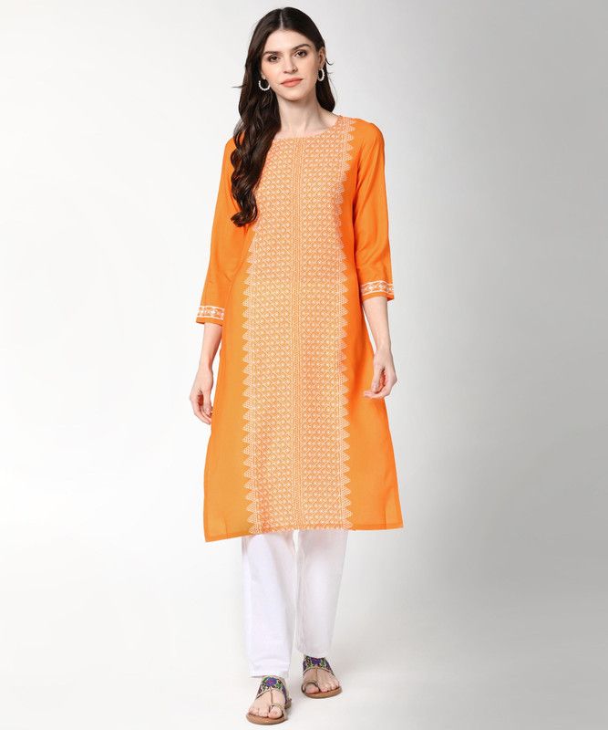 Women Geometric Print Kurta  (Orange)