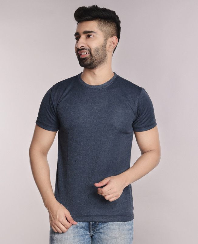 AKHIL Men Solid Round Neck Elastane Blue T-Shirt
