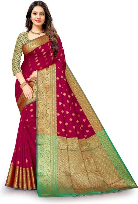 Woven Kanjivaram Jacquard Saree  (Green, Maroon)