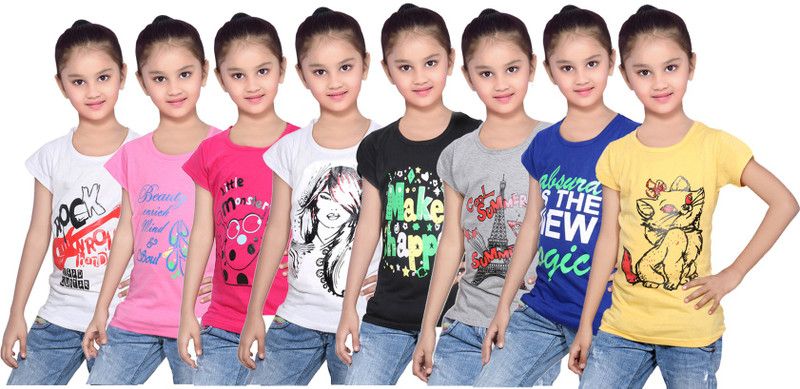 Girls Printed Cotton Blend T Shirt  (Yellow, Pack of 8)