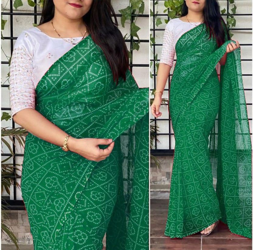 Blocked Printed Bandhani Cotton Blend Saree  (Green)