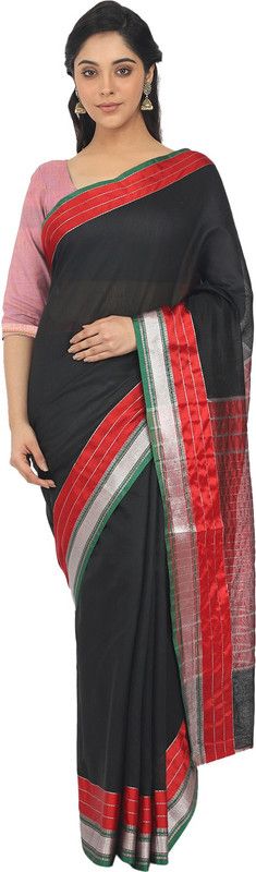 Striped Maheshwari Cotton Silk Saree  (Red, Black)
