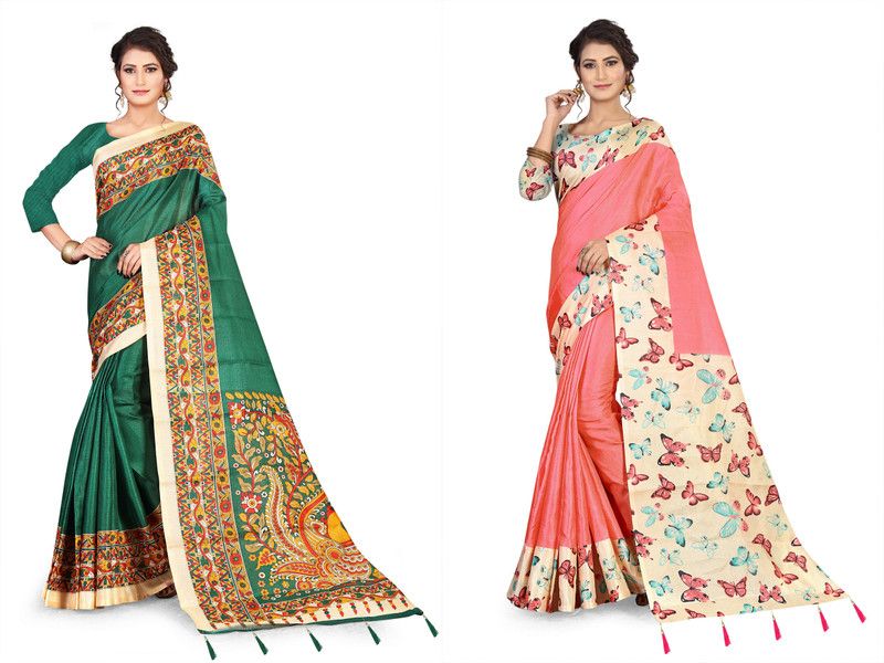 Printed Kalamkari Cotton Silk Saree  (Pack of 2, Multicolor)