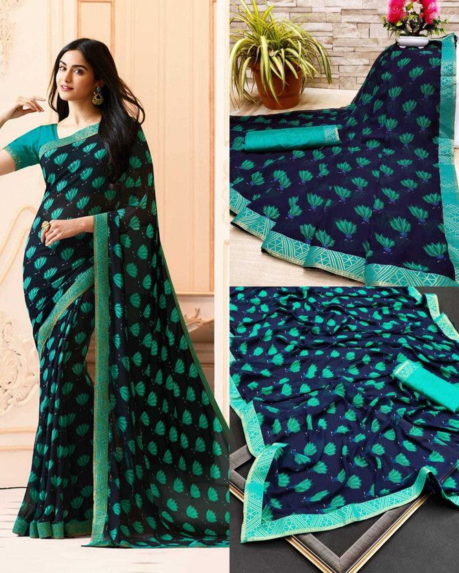 Printed Bollywood Georgette, Chiffon Saree  (Blue)