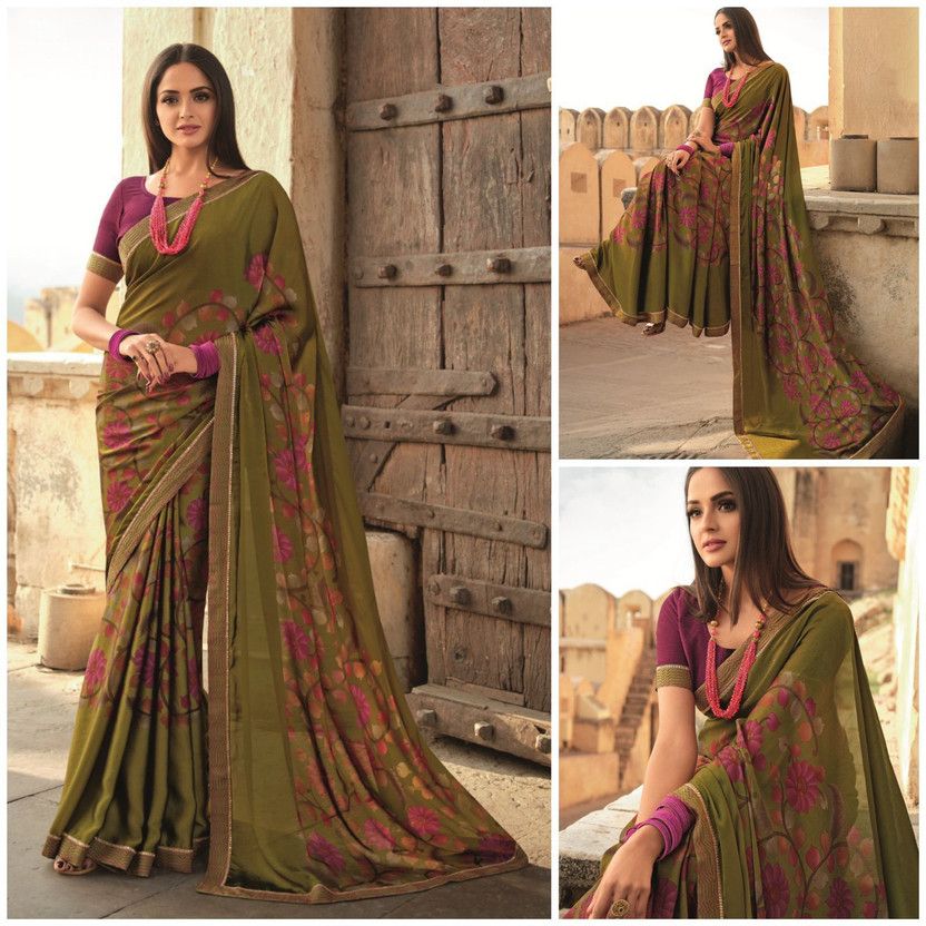 Printed, Hand Painted, Geometric Print, Embroidered, Graphic Print, Floral Print, Solid/Plain Bollywood Georgette, Chiffon Saree  (Green)