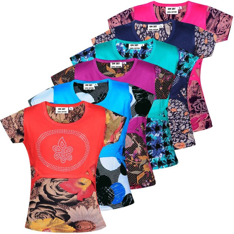 Girls Printed Polycotton T Shirt  (Red, Pack of 6)
