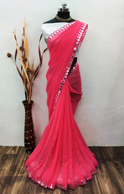 Embellished, Embroidered Bollywood Georgette, Chiffon Saree  (Pink)