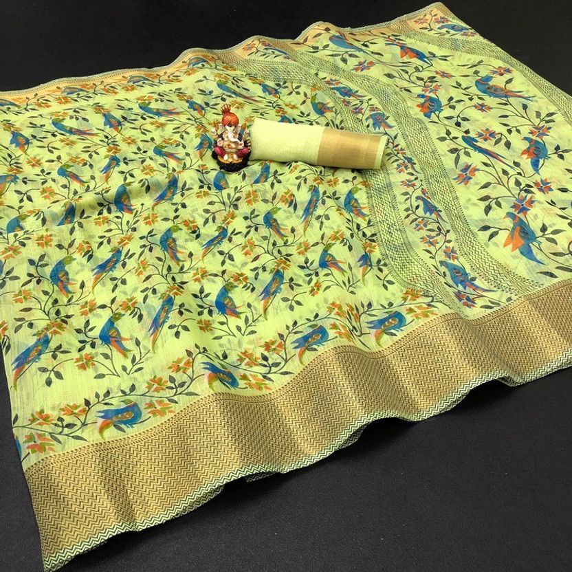 Printed Chanderi Cotton Blend Saree  (Yellow)
