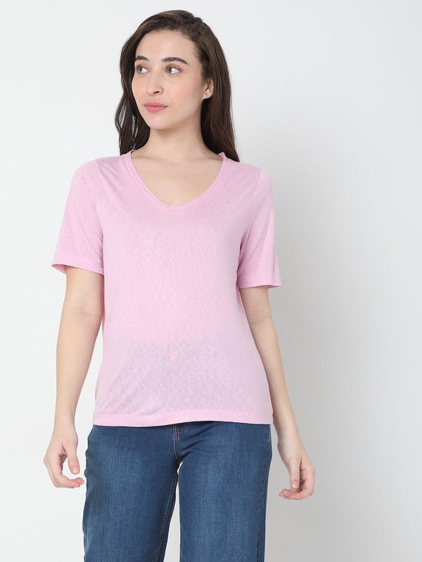 Women Solid V Neck Viscose Rayon Pink T-Shirt