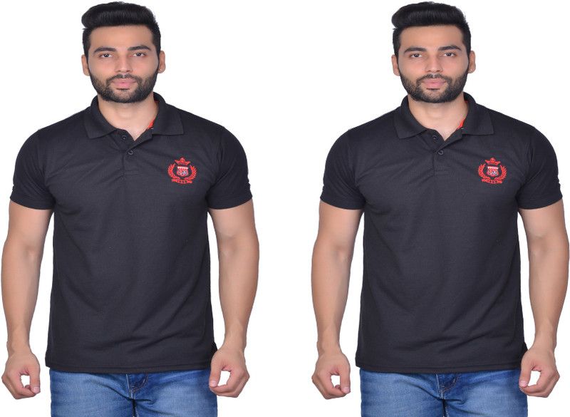 Pack of 2 Men Self Design, Solid Polo Neck Cotton Blend Black T-Shirt