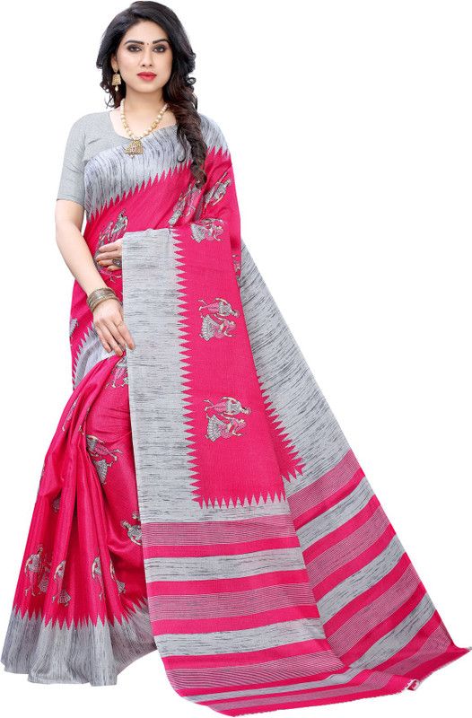 Madhubani Cotton Silk Saree  (Pink, Grey)