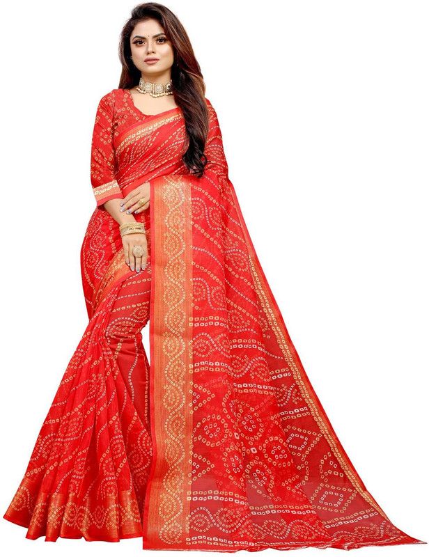 Bandhani Cotton Linen, Cotton Silk Saree  (Red)