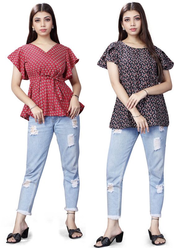 Pack of 2 Casual Butterfly Sleeves Geometric Print Women Multicolor Top