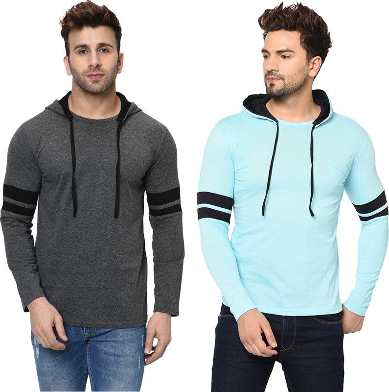 Pack of 2 Hooded T-Shirt Men Solid Hooded Neck Cotton Blend Light Blue, Grey T-Shirt