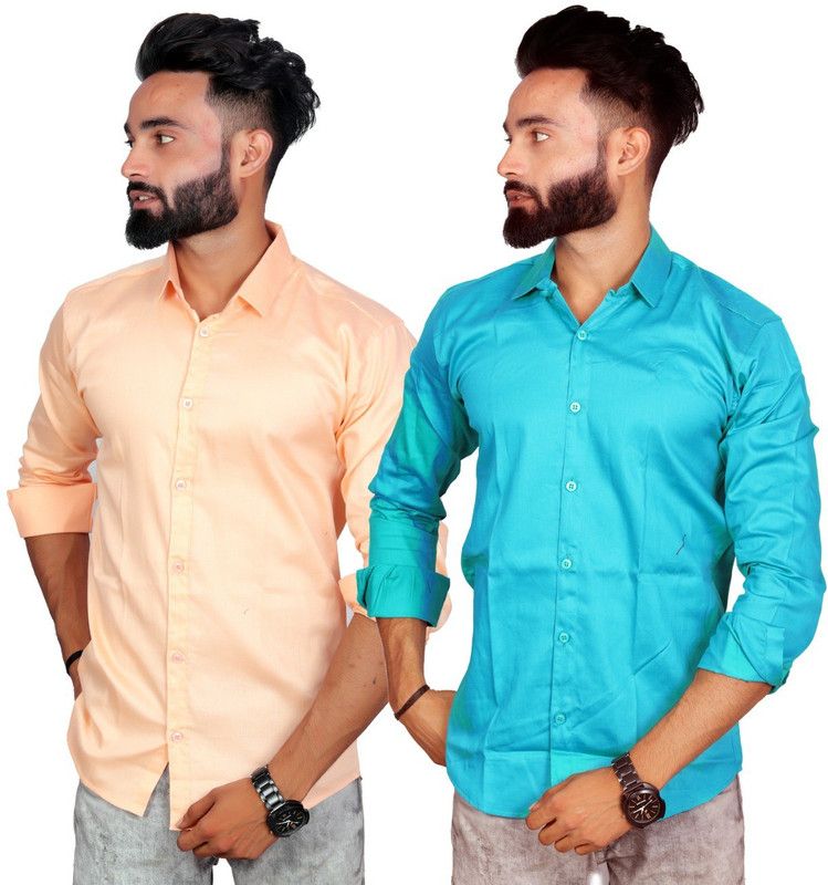 Men Solid Casual Beige, Green Shirt  (Pack of 2)