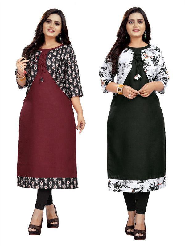 Pack of 2 Women Floral Print Cotton Blend Straight Kurta  (Multicolor)