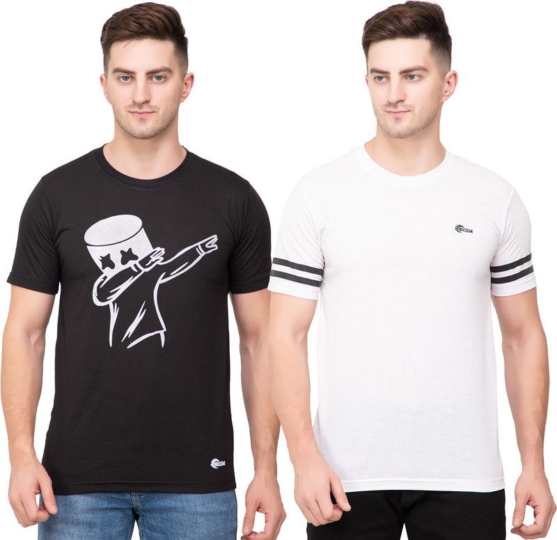 Pack of 2 Mens Combo Tshirts Men Graphic Print, Solid Round Neck Cotton Blend White, Black T-Shirt