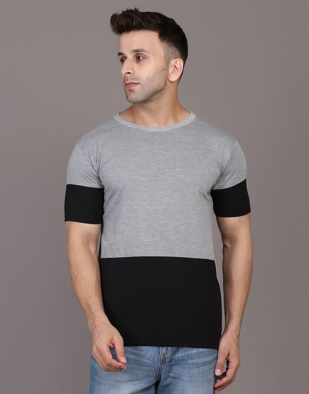 Men Solid Round Neck Cotton Blend Black, Grey T-Shirt