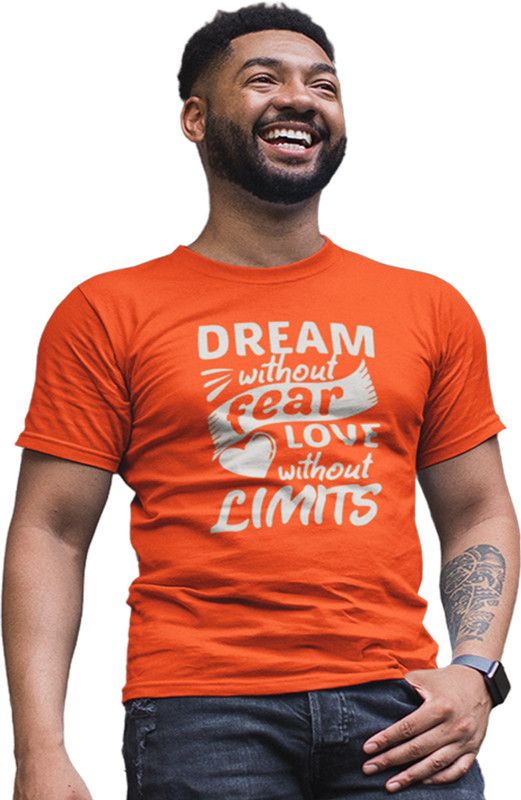 Men Graphic Print Round Neck Pure Cotton Orange T-Shirt