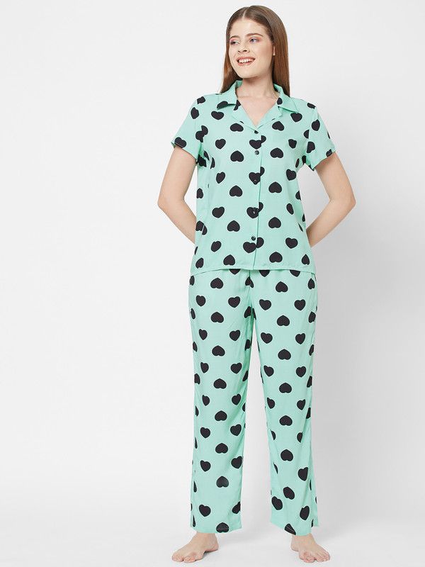 Women Shirt & Pyjama set Green, Black Printed