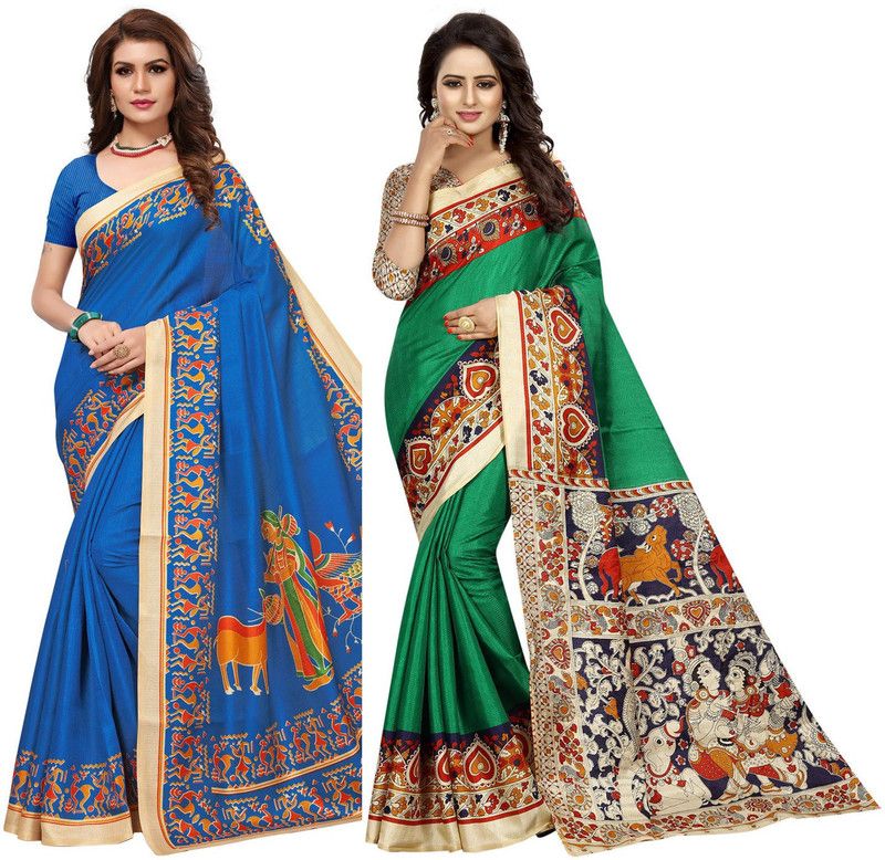 Printed Kalamkari Art Silk Saree  (Pack of 2, Green, Blue)