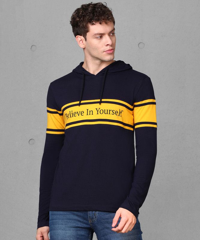 Color Block Men Hooded Neck Cotton Blend Dark Blue, Yellow T-Shirt