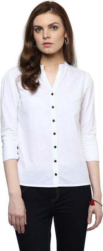 Women Slim Fit Solid Mandarin Collar Formal Shirt