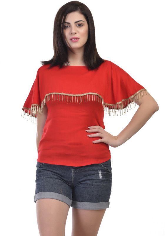 Casual Cape Sleeves Solid Women Red Top