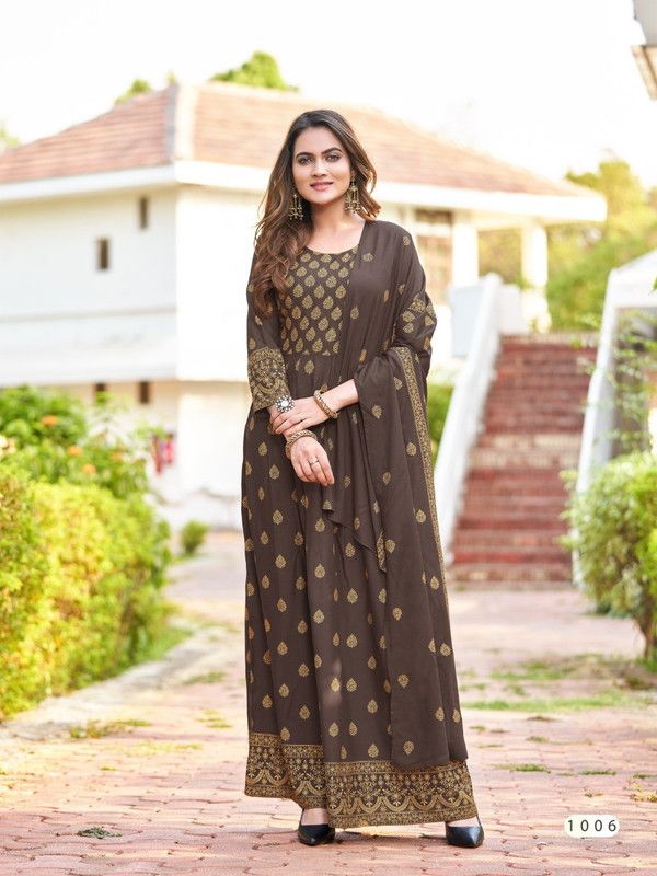 Rayon Blend Stitched Straight Gown  (Brown)