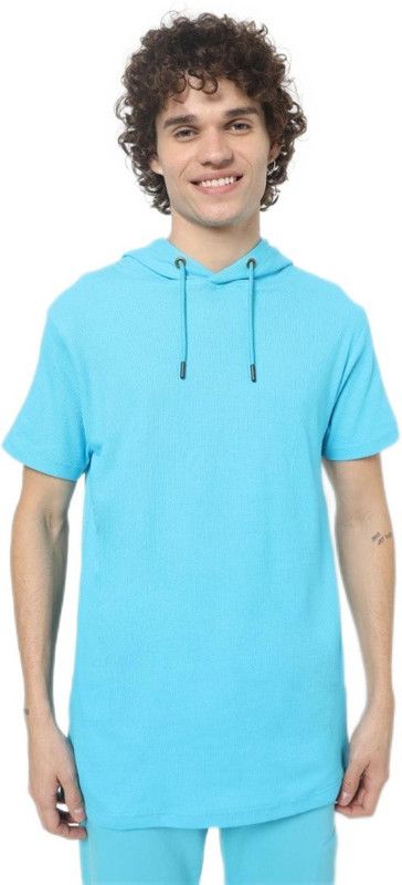 Men Solid Hooded Neck Pure Cotton Blue T-Shirt