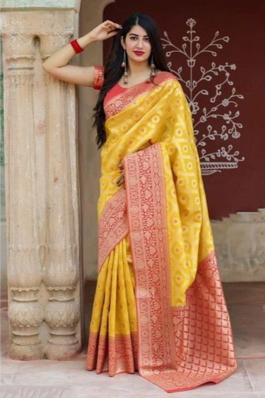Kanjivaram Jacquard, Pure Silk Saree  (Yellow, Red)