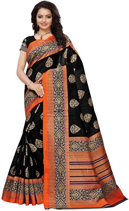 Printed Chanderi Silk Blend Saree  (Black)