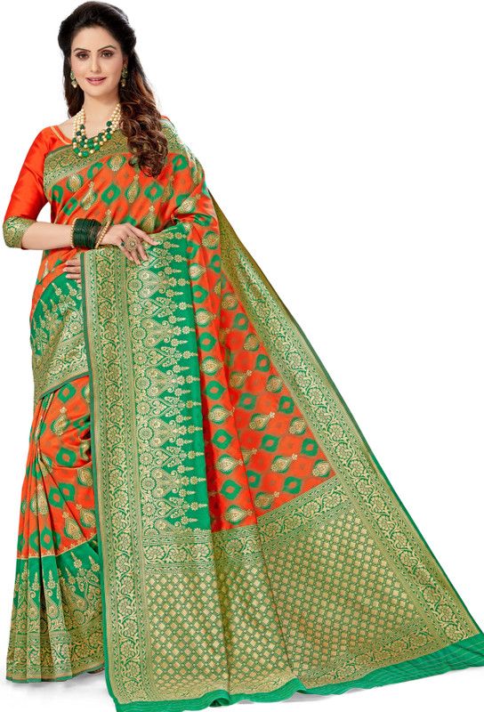 Self Design Kanjivaram Silk Blend Saree  (Green, Orange)