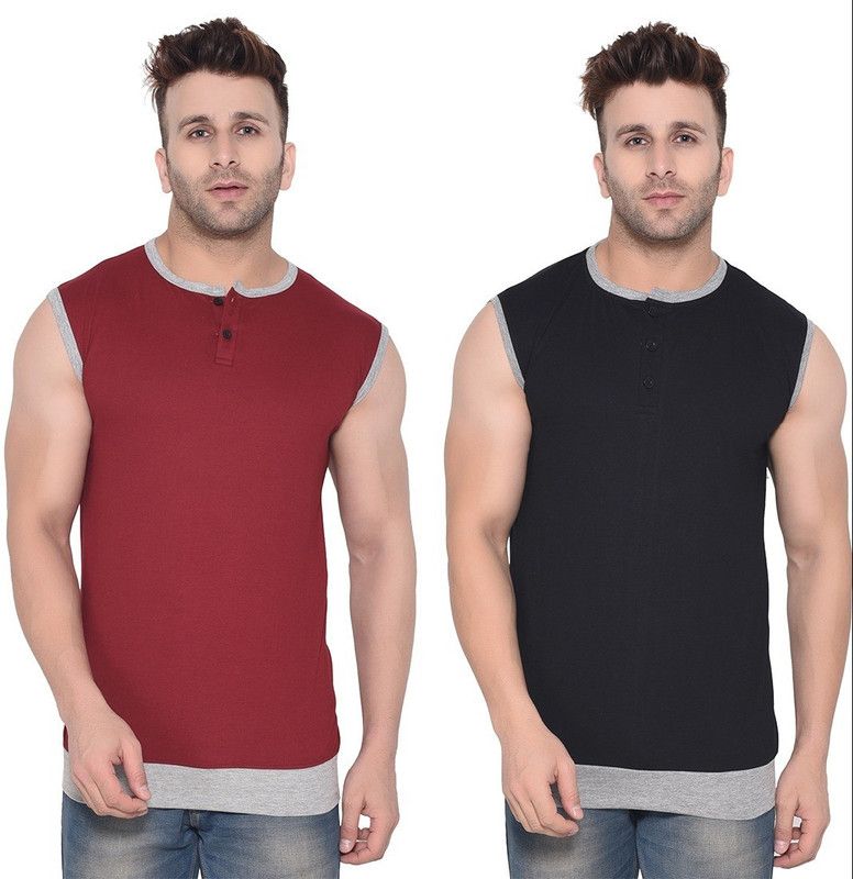 Pack of 2 Men Solid Henley Neck Cotton Blend Maroon, Black T-Shirt