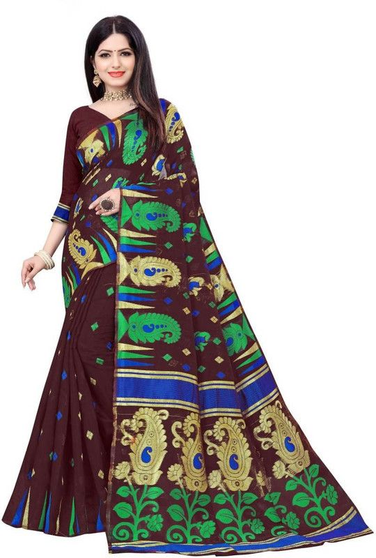 Self Design Jamdani Cotton Blend Saree  (Brown)
