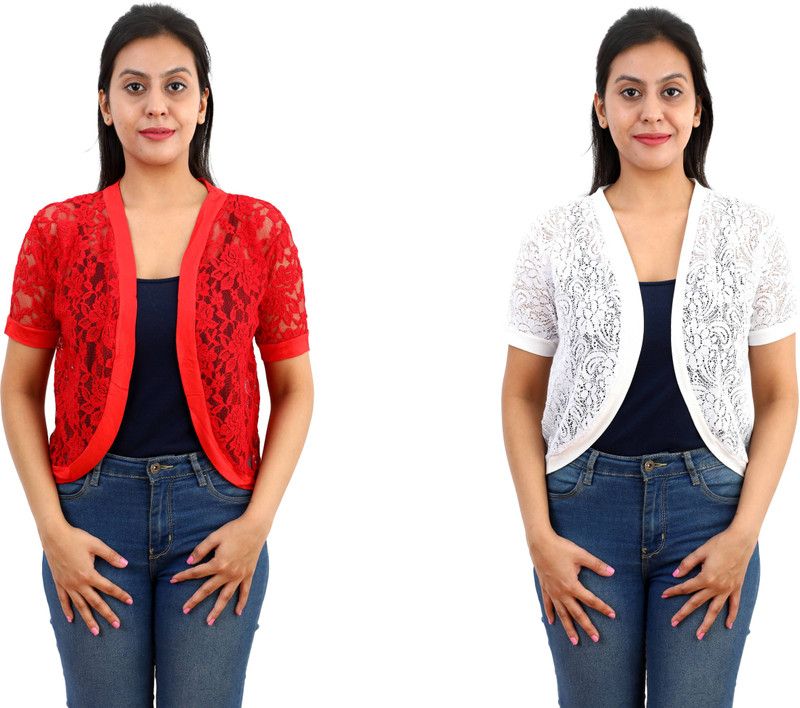 Women Half Sleeve Red, White Shrug
