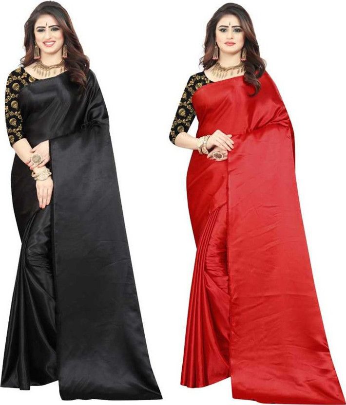 Solid/Plain Bollywood Satin Saree  (Pack of 2, Red, Black)