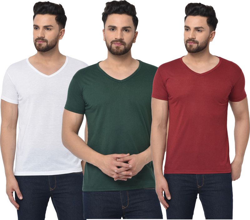 Pack of 3 V neck Combo T-shirts Multicolor Men Solid V Neck Cotton Blend Dark Green, White, Maroon T-Shirt