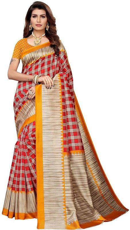 Checkered Chettinadu Art Silk Saree  (Red, Yellow)