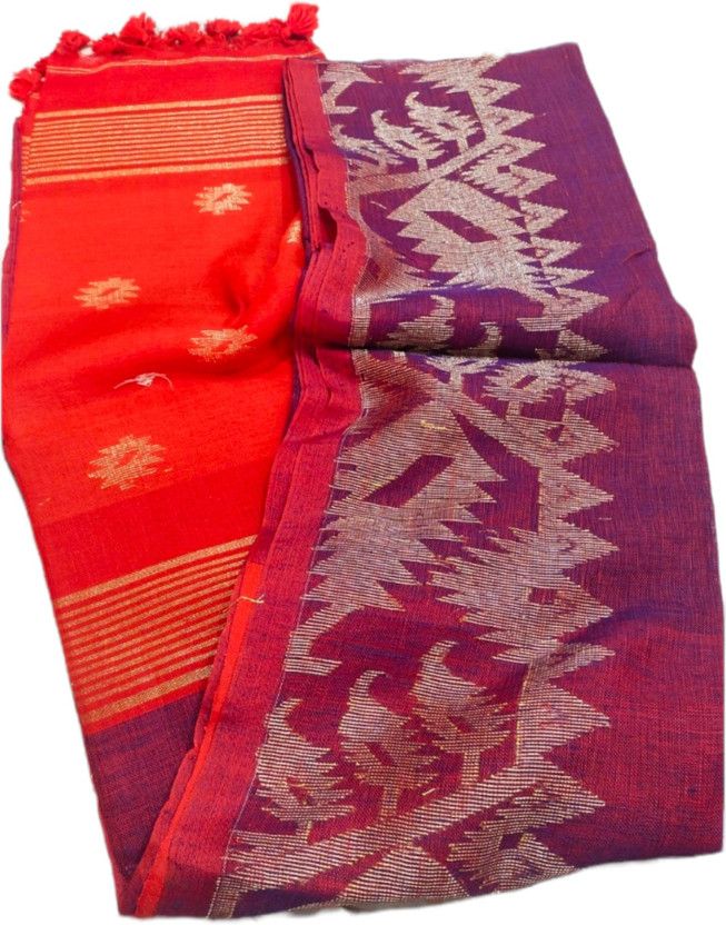 Woven Ikkat Linen Saree  (Purple)