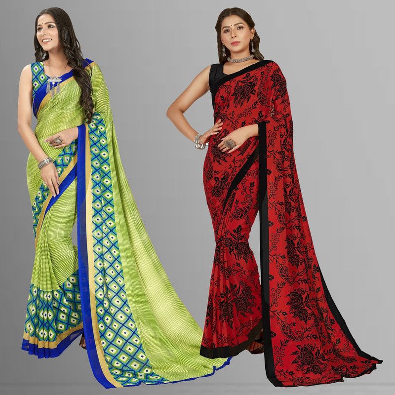 Printed Daily Wear Georgette Saree  (Pack of 2, Red, Green, Black)