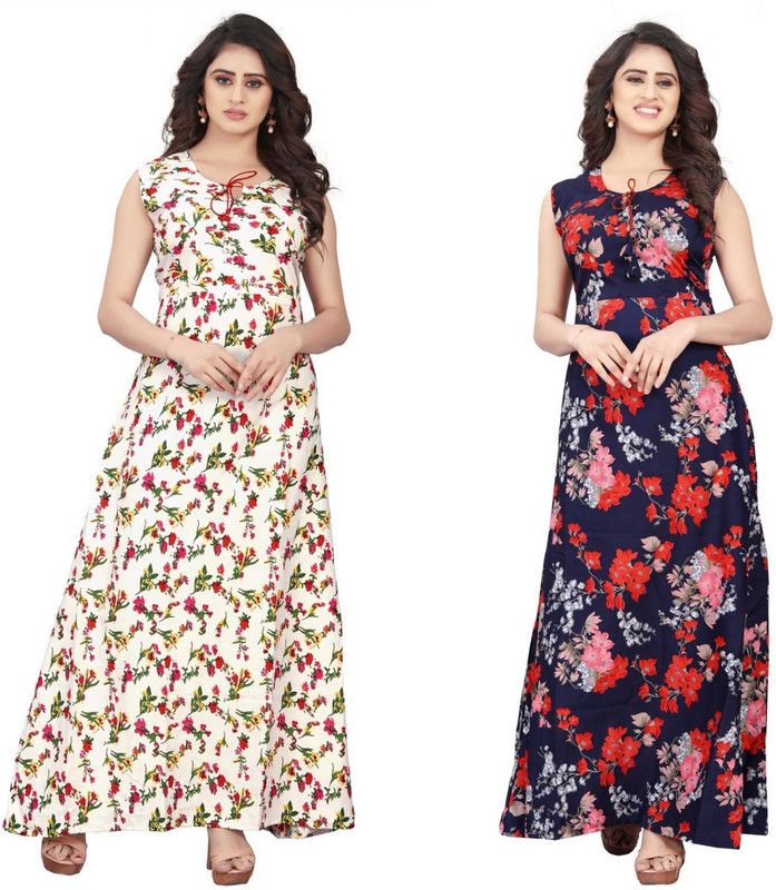 Pack of 2 Women Floral Print Crepe Anarkali Kurta  (White, Blue)