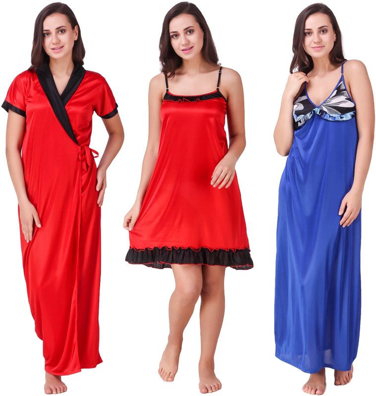 Pack of 3 Women Nighty Set  (Blue)