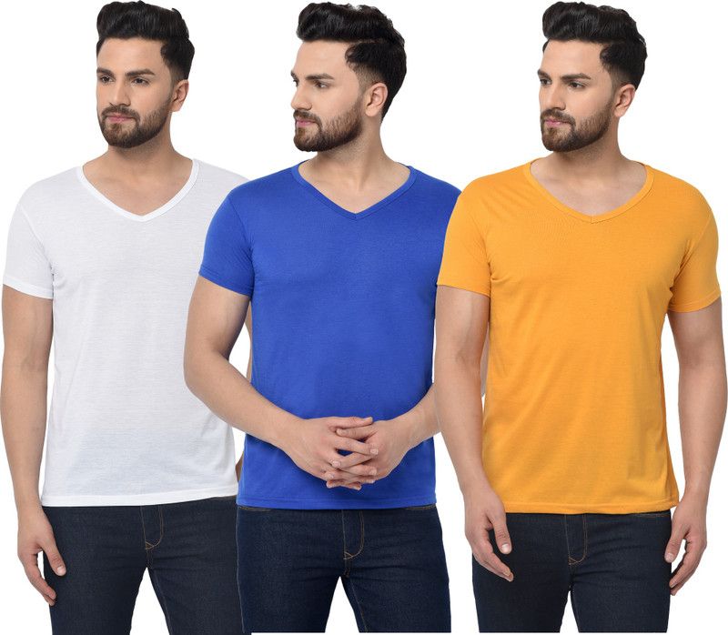 Pack of 3 V neck Combo T-shirts Multicolor Men Solid V Neck Cotton Blend White, Blue, Yellow T-Shirt