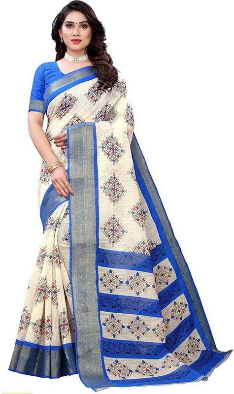 Printed Banarasi Cotton Blend Saree  (White, Blue)