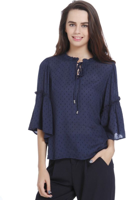 Casual Bell Sleeves Self Design Women Blue Top