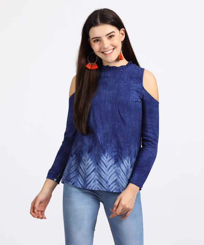 Casual Cold Shoulder Sleeves Printed Women Blue Top