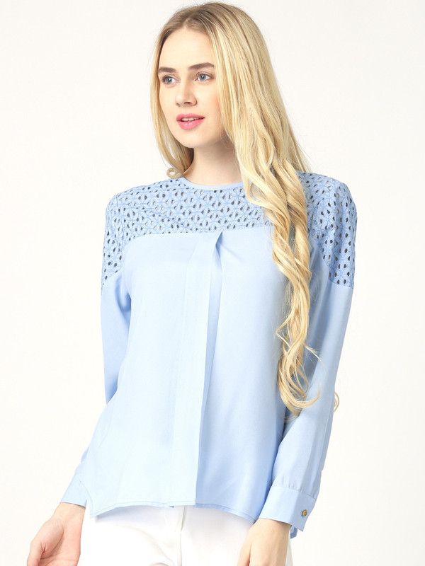 Casual Regular Sleeves Embroidered, Solid Women Blue Top